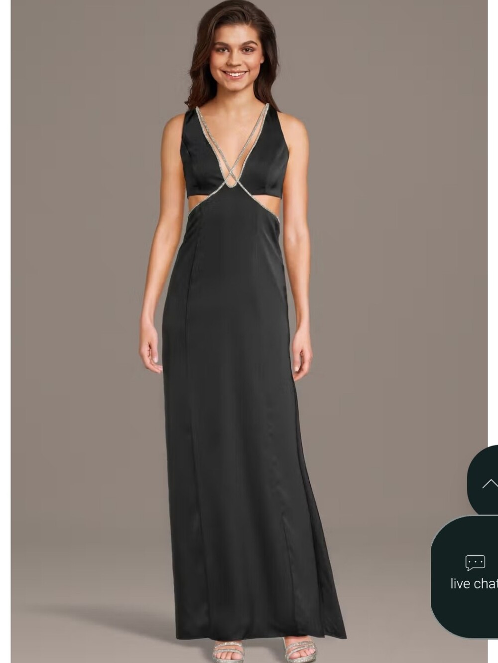 Black Satin Maxi Dress with Crystal-Trim Cutouts